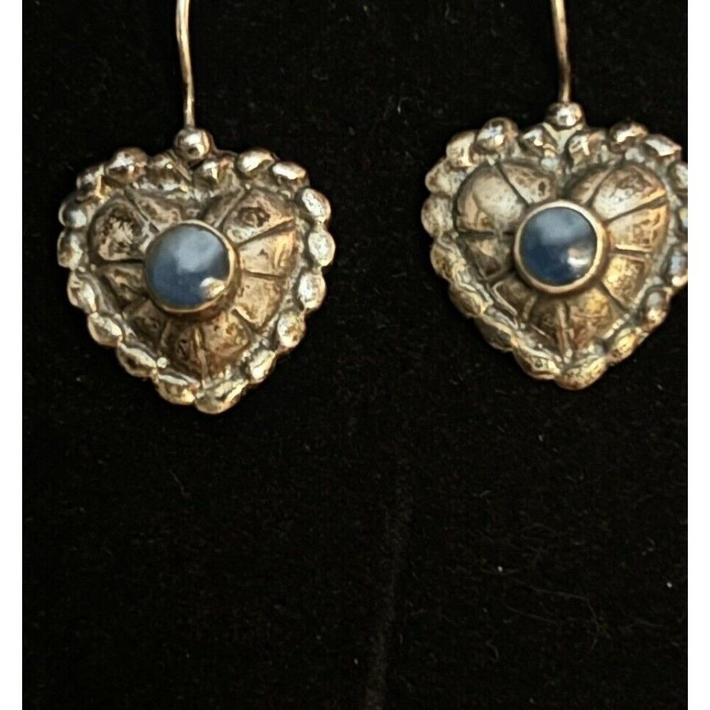 Southwestern 925 Silver Handmade Earrings Textured Heart & Rims Dangles Marked